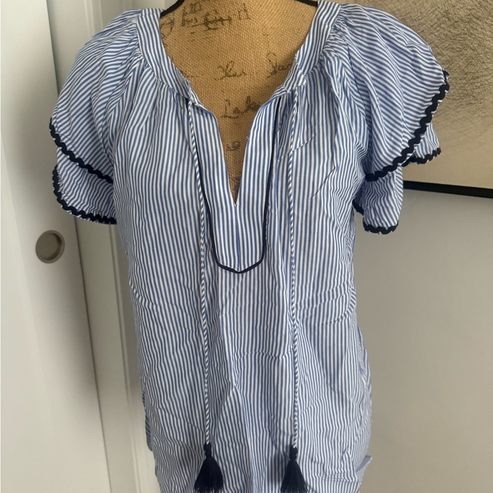 LOFT Navy and White Striped Blouse with Tassel Accents